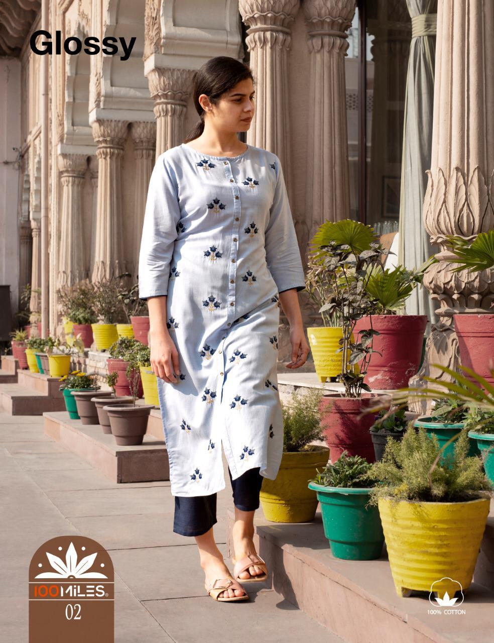 100MILES GLOSSY Jam Cotton Designer Embroidered Party Wear Kurtis Collectons