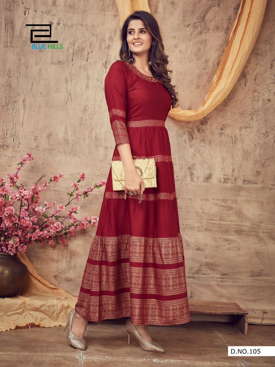 Blue Hills Leela 3 latest Fancy Designer Ethnic Party Wear Heavy Rayon With Gold Print Long Kurti collection
