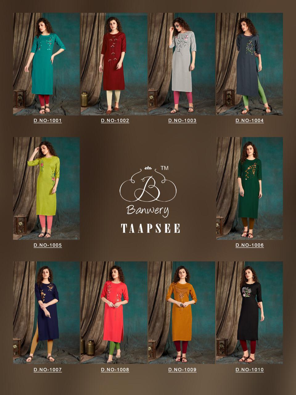 Banwery Taapsee Heavy Slub Rayon Airjet With  Embroidery Work Designer Kurtis Colections
