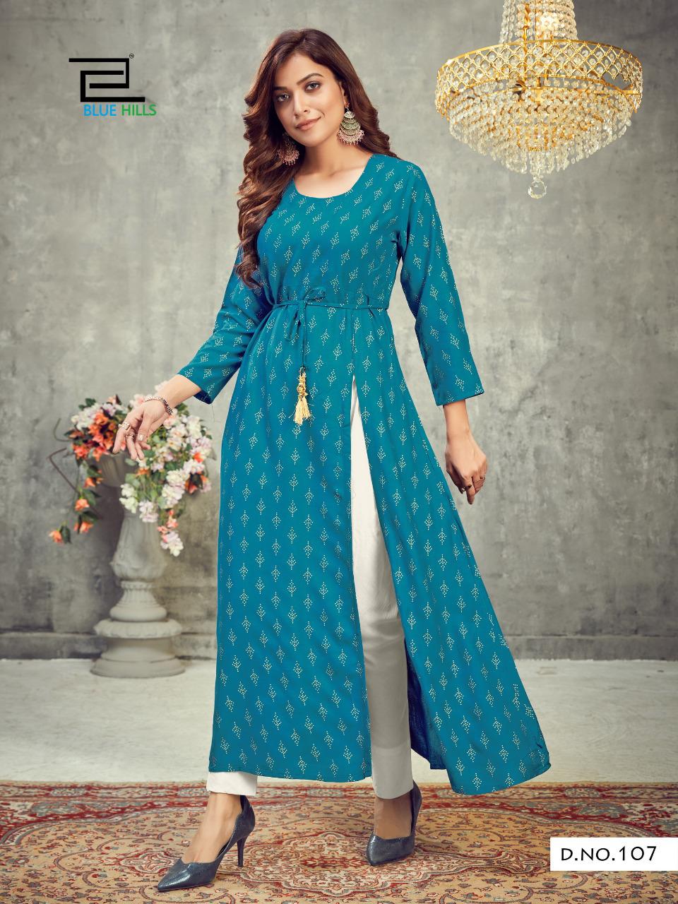 Blue Hills First Date Designers Long Printed Rayon Party Wear Kurtis Collection
