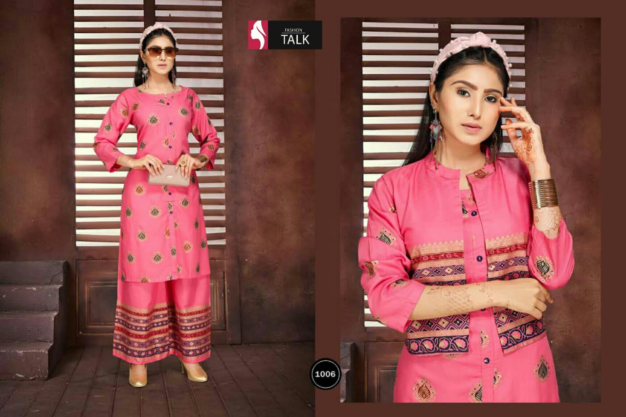 Ft Pintex Latest Fancy Designer Casual Wear Gold Print Heavy Rayon Kurti With Bottom Collection
