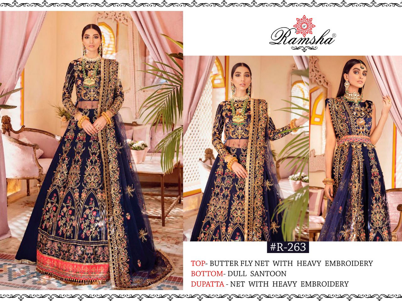 Ramsha R 262 to 264 Latest Designer Heavy Wedding Wear Butterfly Net With Embroidery Work Pakistani Salwar Suits Collection
