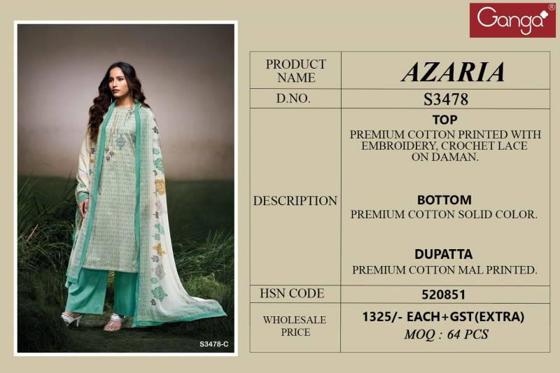 Azaria By Ganga Cotton Printed Embroidered Salwar Suit Wholesalers In Delhi