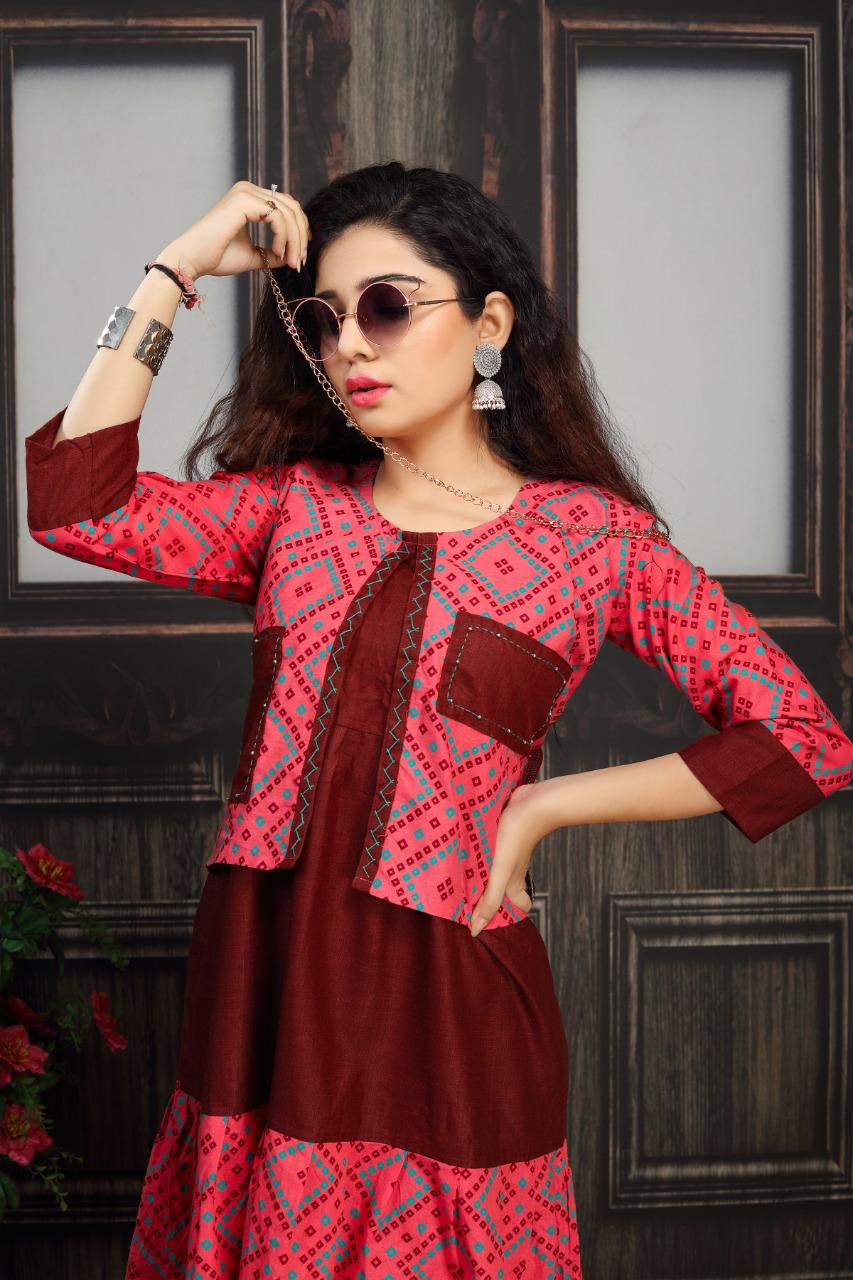 Kinti Nagma Printed Cotton Printed Designer Anarkali Kurti With Attached Jacket Collection
