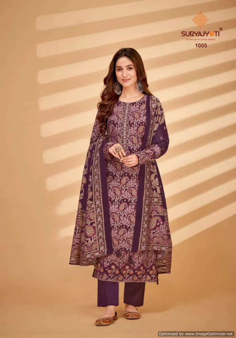 Kanika Vol 1 By Suryajyoti Pure Modal Embroidery Foil Printed Dress Material Wholesalers In Delhi