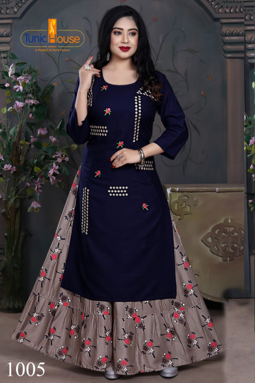 Tunic House Nexa 4 Embroidery Fancy Ethnic Wear Rayon With Embroidery Kurtis With Skirt Collection 
