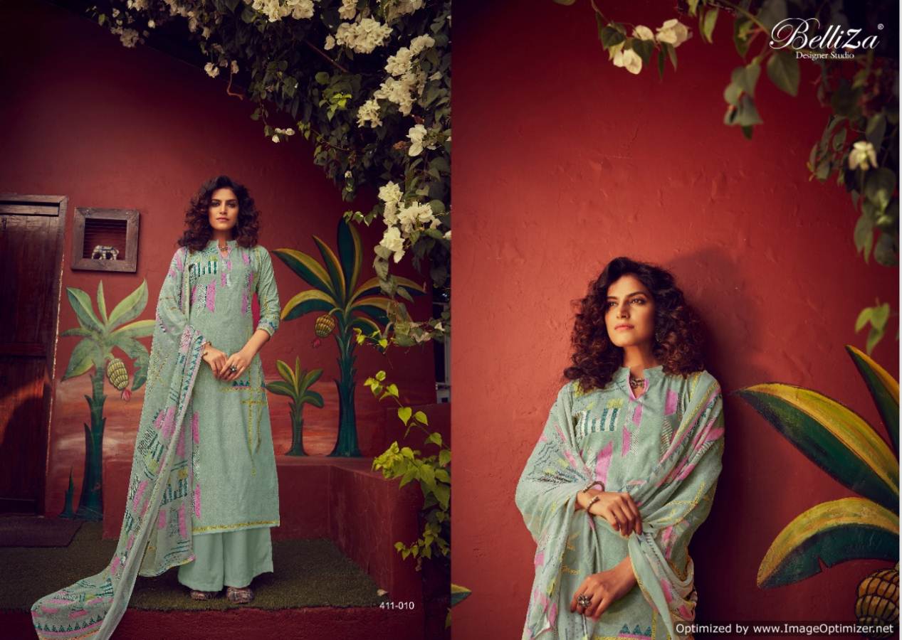 Belliza Zohra Pure Cotton Digital Style Print Designer Dress Material Exclusive Printed Nazneen Chiffon Dupatta With Four Side Lace 