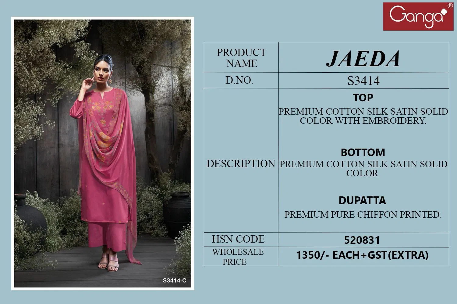 Jaeda 3414 by Ganga Cotton Silk Embroidery Salwar Suit Suppliers In India