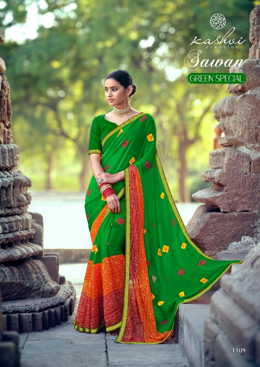Kashvi Sawan Green Casual Wear Printed Designer Chiffon Saree Collection
