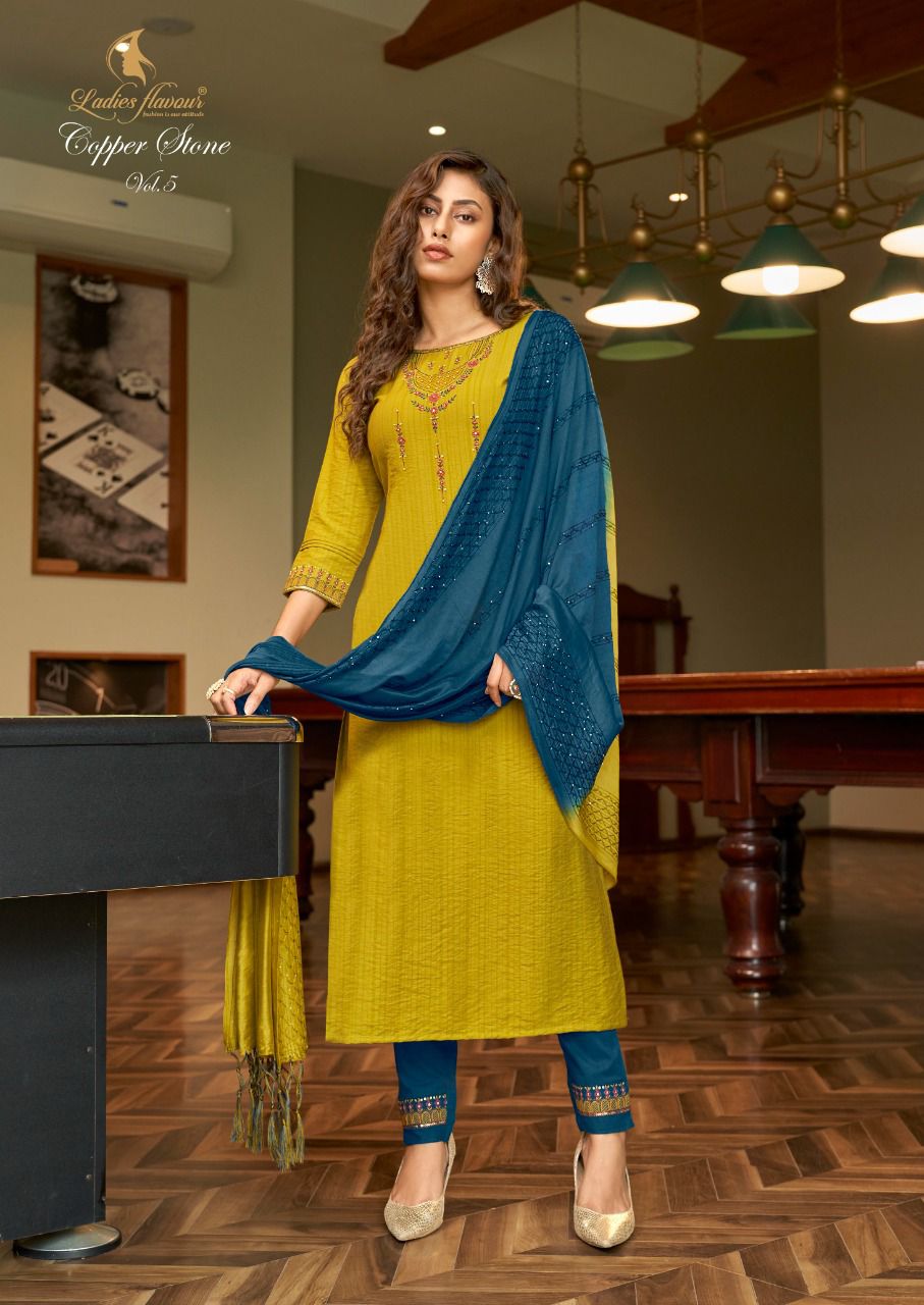 Ladies Flavour Copper Stone 5 Exclusive Designer Viscose With Embroidery With Khatli Work Readymade Collection
