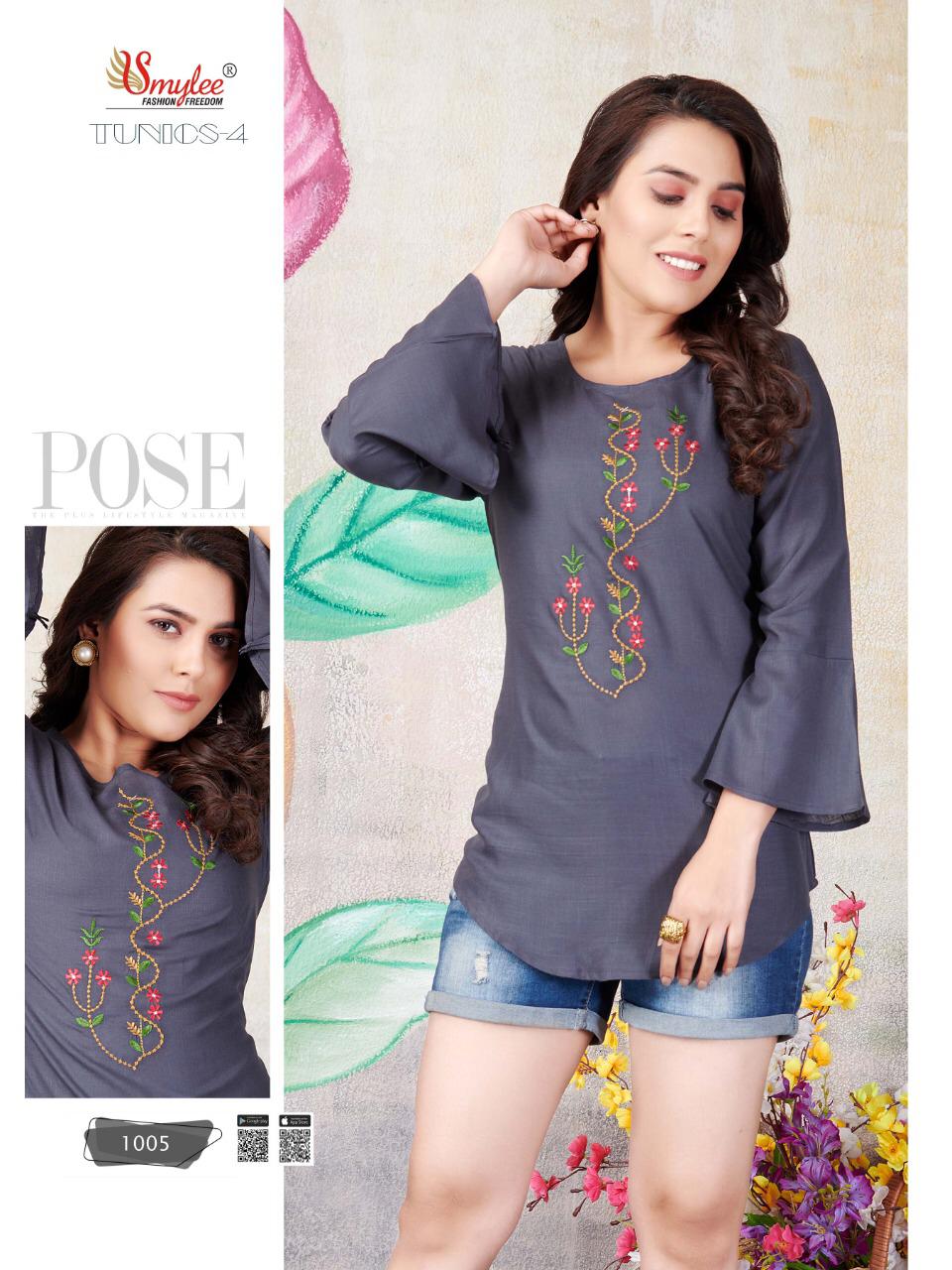 Smylee Tunics 4 latest Designer Casual Wear Embroidery Work Rayon Ladies Top Collection
