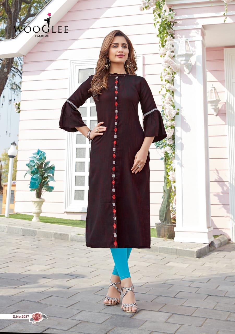 Wooglee Barbella 5 latest fancy Festive Wear Rayon Viscose Designer Kurtis Collection
