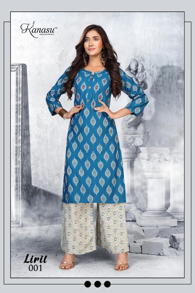 Kanasu Liril Fancy Ethnic Wear Rayon Printed Kurtis With Palzzo Collection
