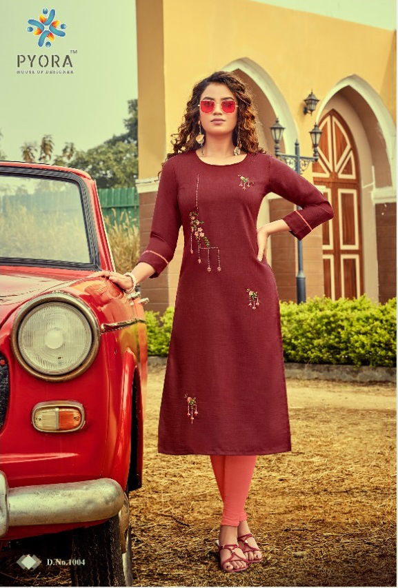 Pyora Mulberry 1 Latest Collection Fancy Ethnic Wear Slub cotton Designer Embroidery Work Butta Kurtis
