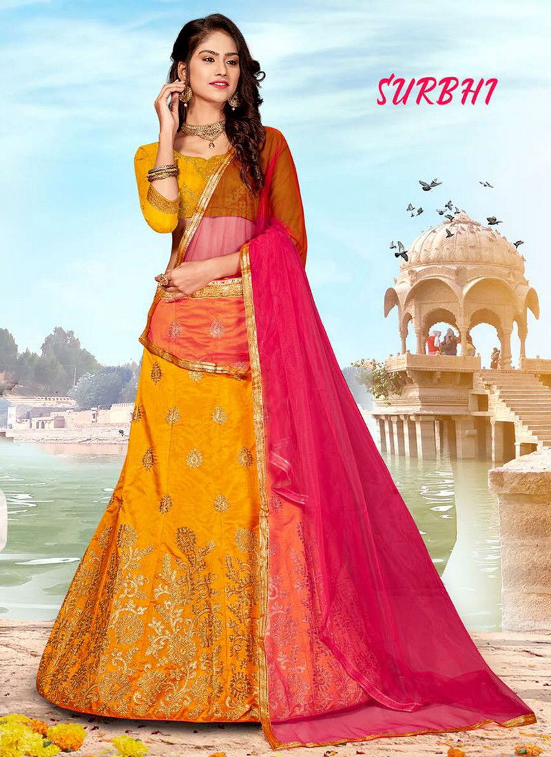 Rani And Yellow Saanchi Surbhi Wedding Designer Bridle Embroidered Silk Lehenga Choli Collection