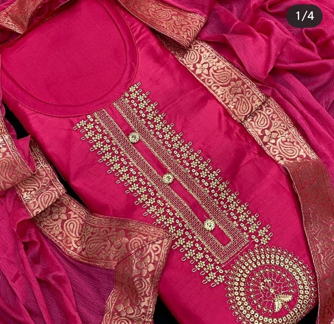Saniya Latest Designer Cotton Embroidery Work With Four Side Less Dupatta And Bottom  Dress Material Collection