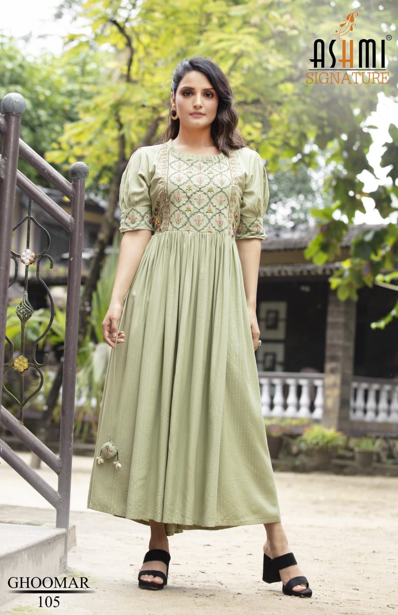Ashmi Ghoomar New Exclusive Wear Rayon Long Designer Anarkali Kurti Collection