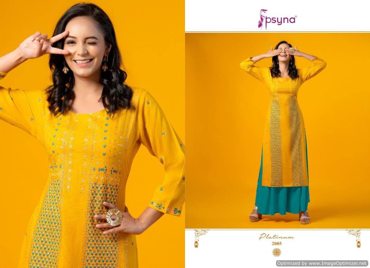 Psyna Platinum 2 Latest fancy Designer Ethnic Wear Heavy Rayon Gold Printed Kurti Collection
