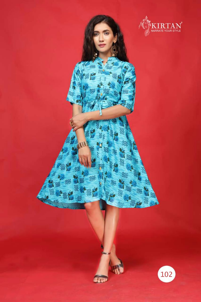 Kirtan Kanika Fancy Designer Casual Wear Rayon Printed Anarkali Kurtis Collection
