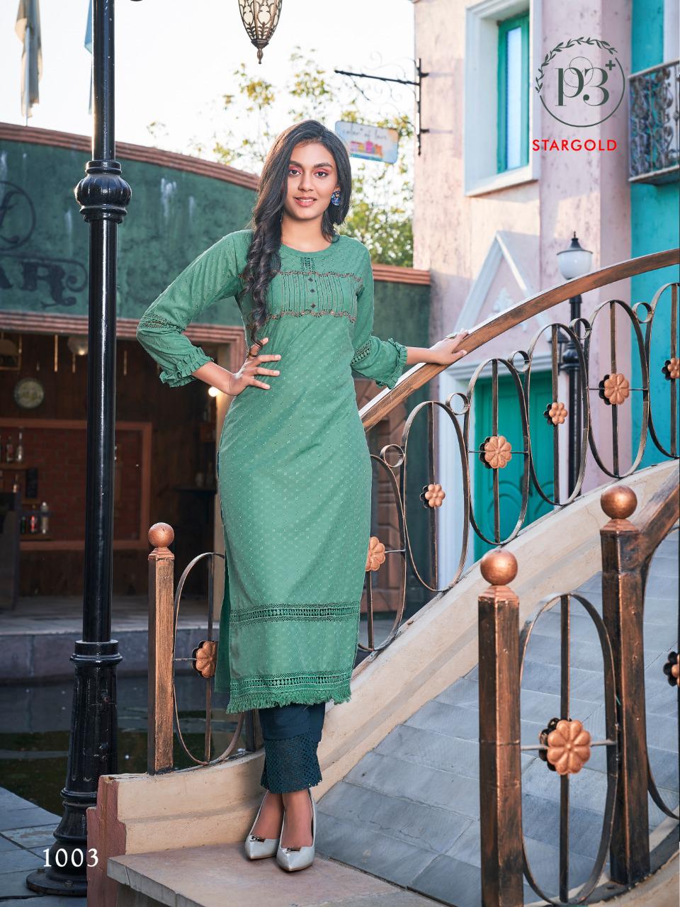P3 Star Gold Latest Fancy Designer Ethnic Wear Poly Rayon Embroidery Kurti With Bottom Collection
