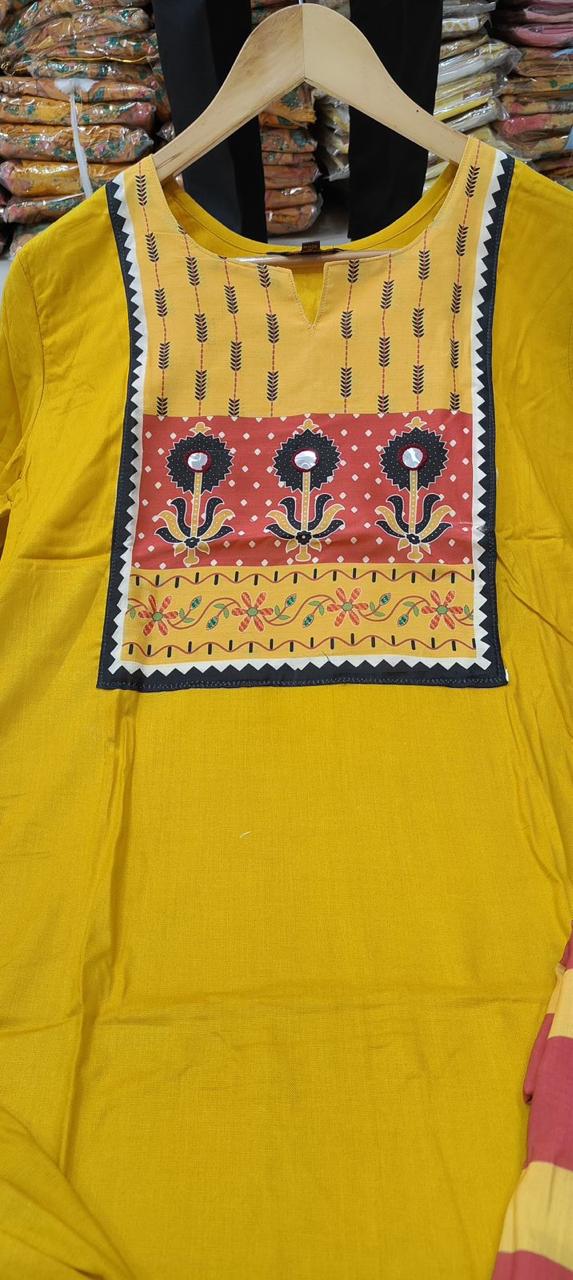 Fvd Yellow Rani Rayon Printed Kurti With Bottom Dupatta Exporters in India