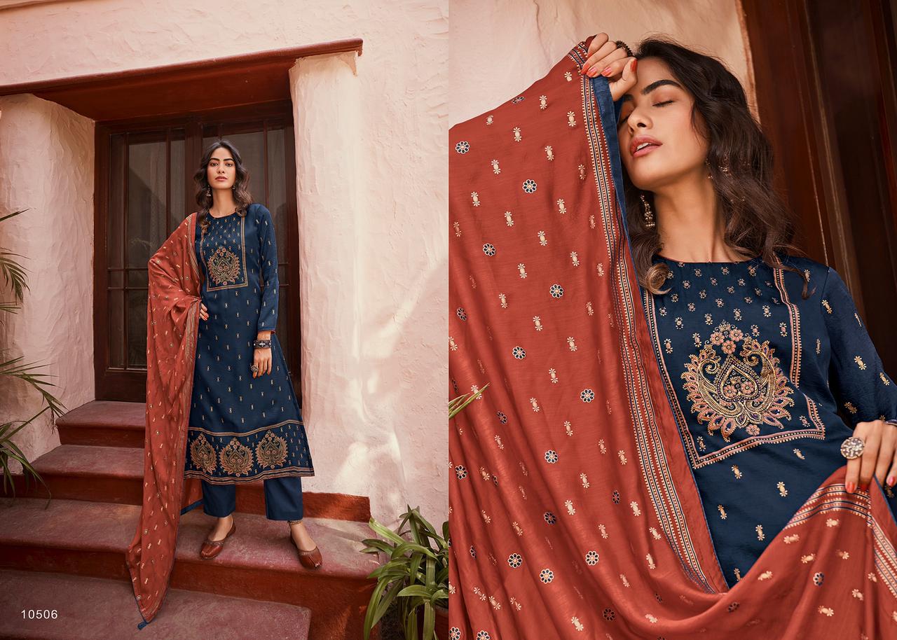 Deepsy Elite Latest Fancy Designer Silk Hand Block Foil print With Embroidery Work Designer Dress Material Collection
