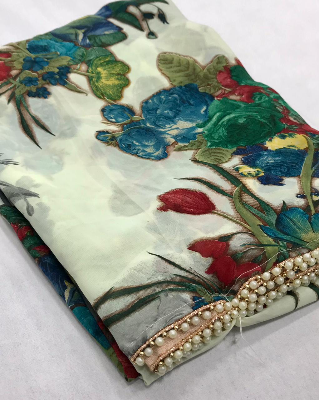 Rajyog Aakruti Soft Chiffon With Moti Work Printed Designer Saree Collection
