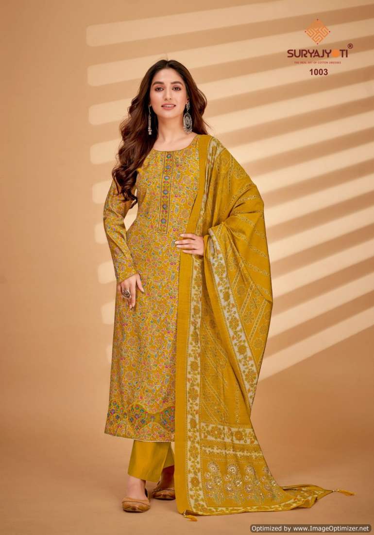 Kanika Vol 1 By Suryajyoti Pure Modal Embroidery Foil Printed Dress Material Wholesalers In Delhi