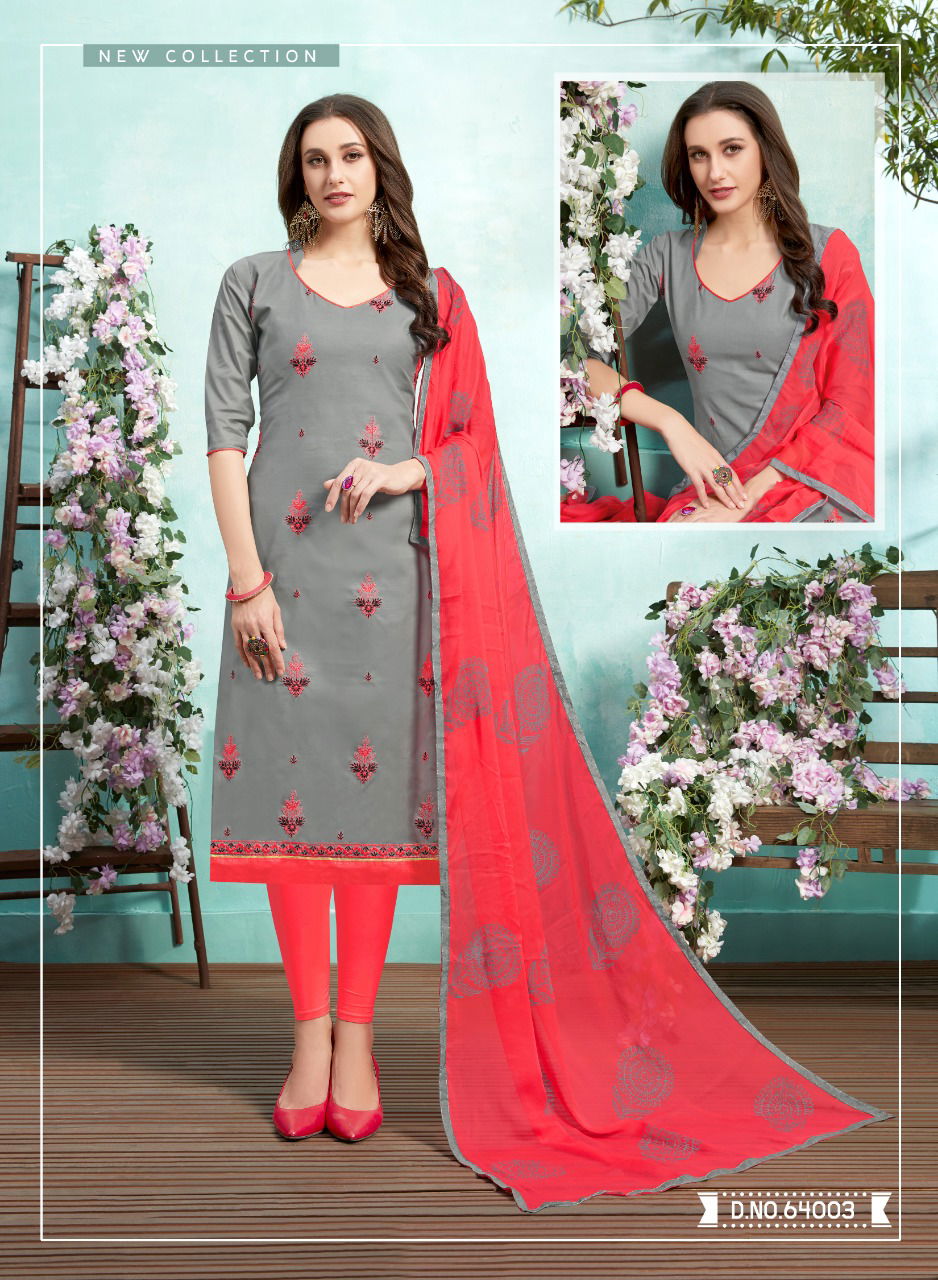 Kiss Miss 64 Designer Lawn Cotton Fancy Churidar Dress Material With Work and Four sided Lace Border Dupatta 