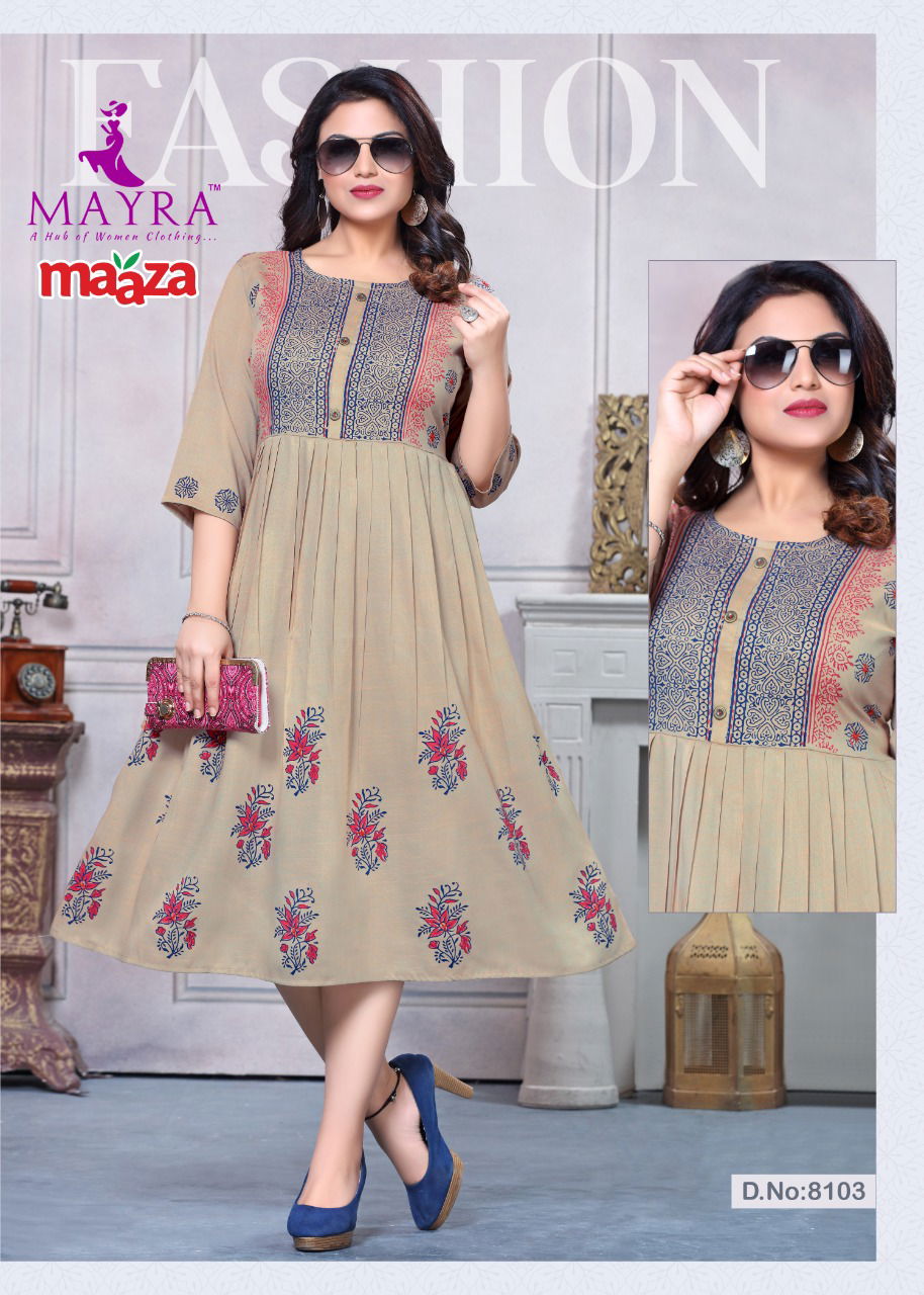 Mayra Maaza Flair Latest Fancy Style Long Casual Wear Anarakali Rayon Designer Kurtis Collection
