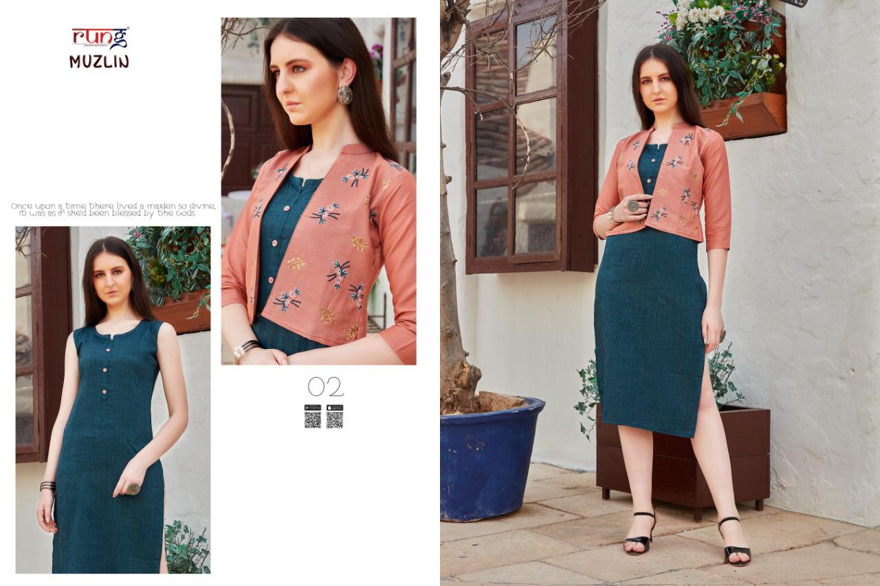 Rung Muzlin Heavy Slub Rayon Designer Party Wear Kurti With Jacket Collection
