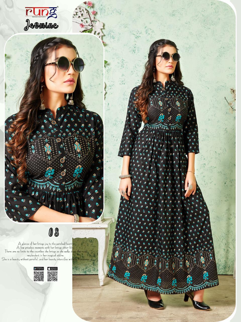 Rung Jasmine Latest Fancy Designer Casual Wear Rayon Gold Print Long Kurtis Collection
