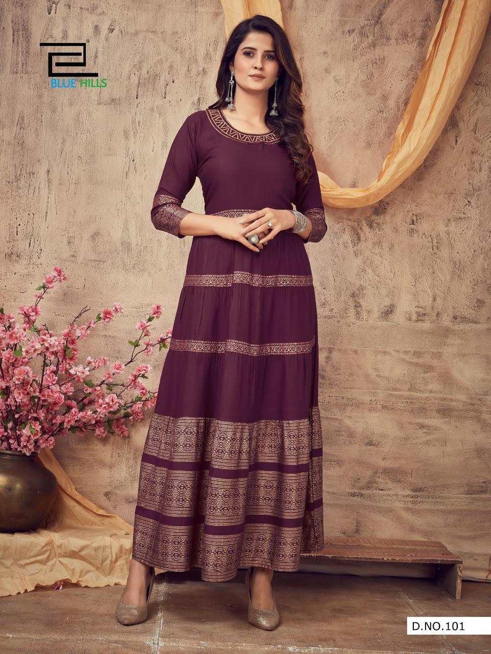 Blue Hills Leela 3 latest Fancy Designer Ethnic Party Wear Heavy Rayon With Gold Print Long Kurti collection
