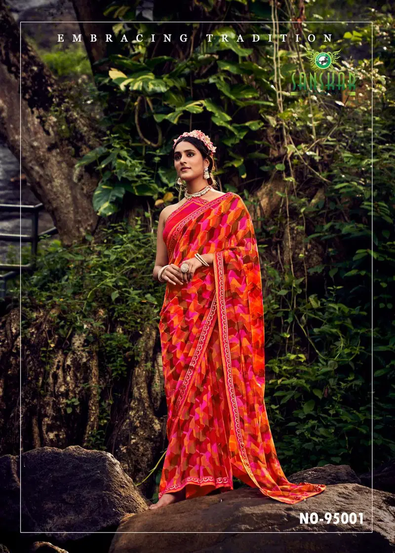 Saaj By Sanskar Printed Georgette Sarees Wholesale Clothing Distributors In India