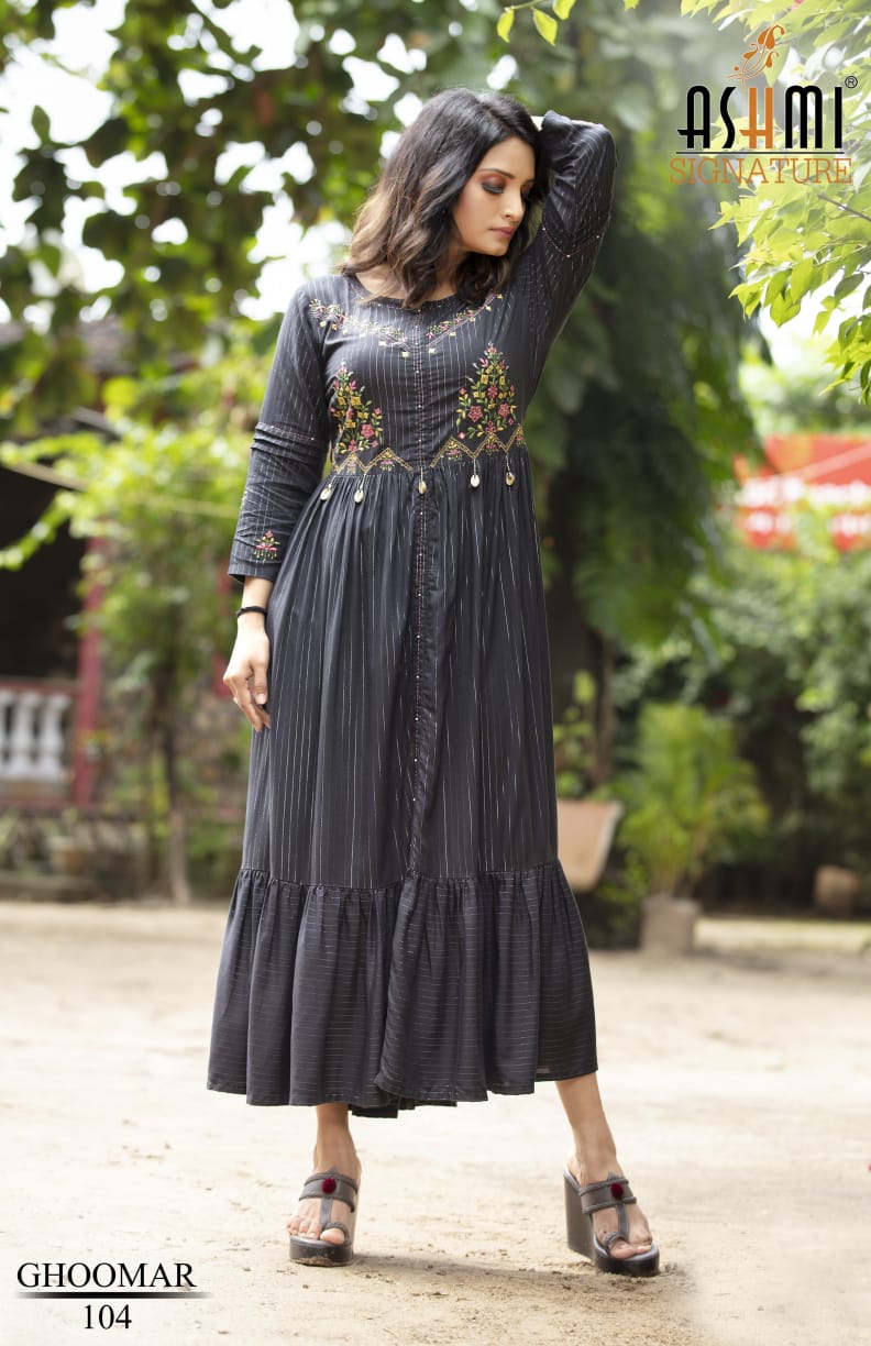 Ashmi Ghoomar New Exclusive Wear Rayon Long Designer Anarkali Kurti Collection
