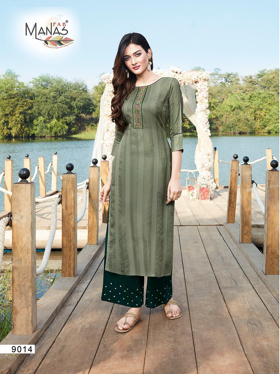 Manas Hirwa 2 Latest Designer Collection Ethnic Wear Rayon Embroidery Work Straight Kurti With Bottom 
