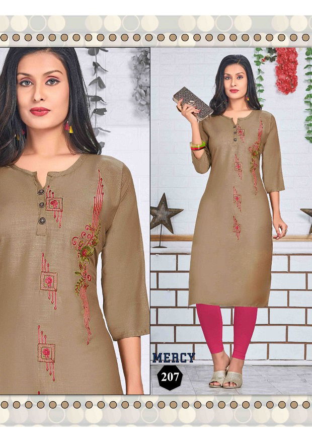 Mercy 2 Latest Designer Fancy Ethnic Wear Embroidery Work Rayon Slub Kurtis Collection
