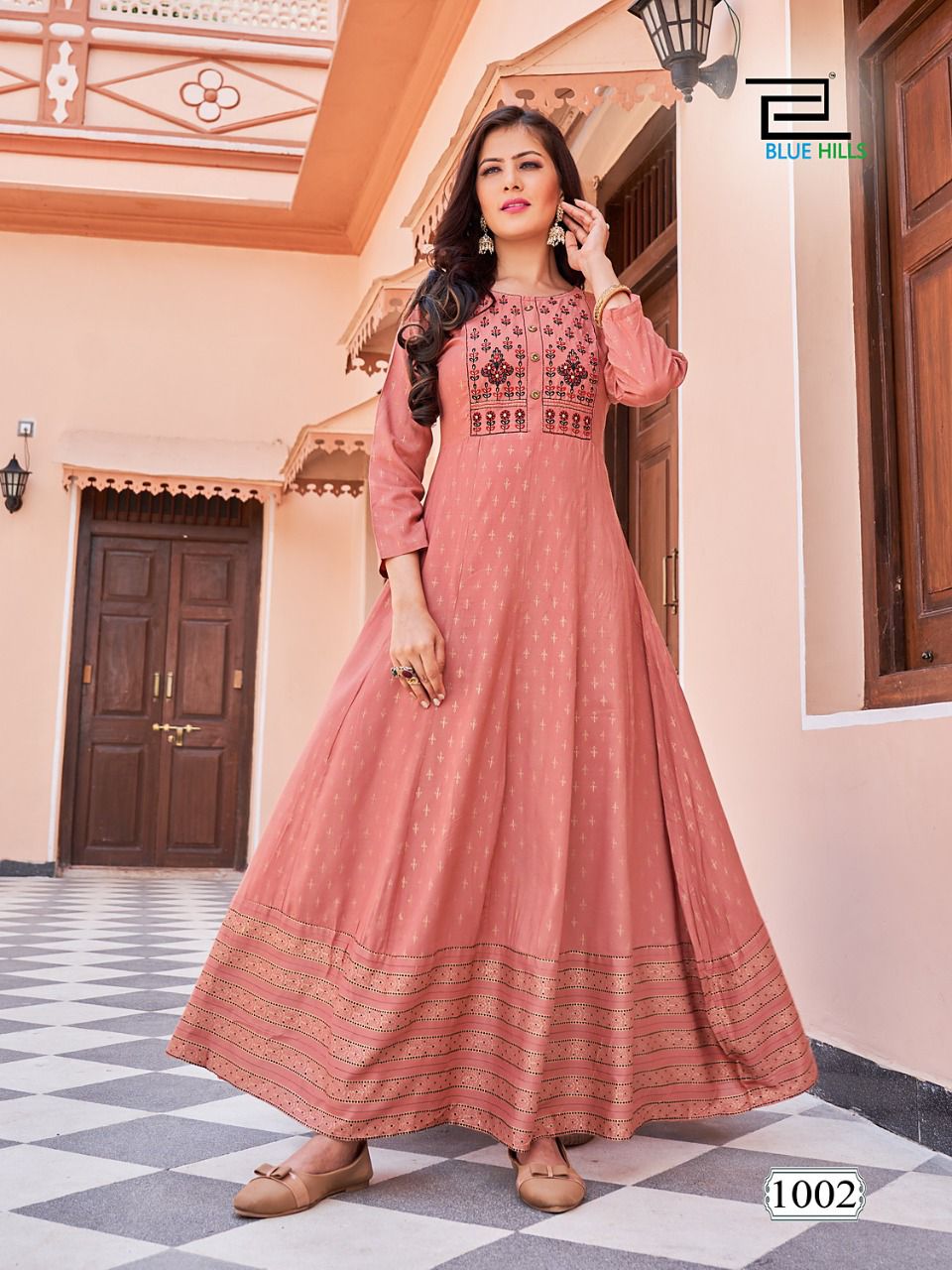 Encounter By Blue Hills Rayon Foil Printed Long Anarkali Kurtis Wholesale Market In Surat
