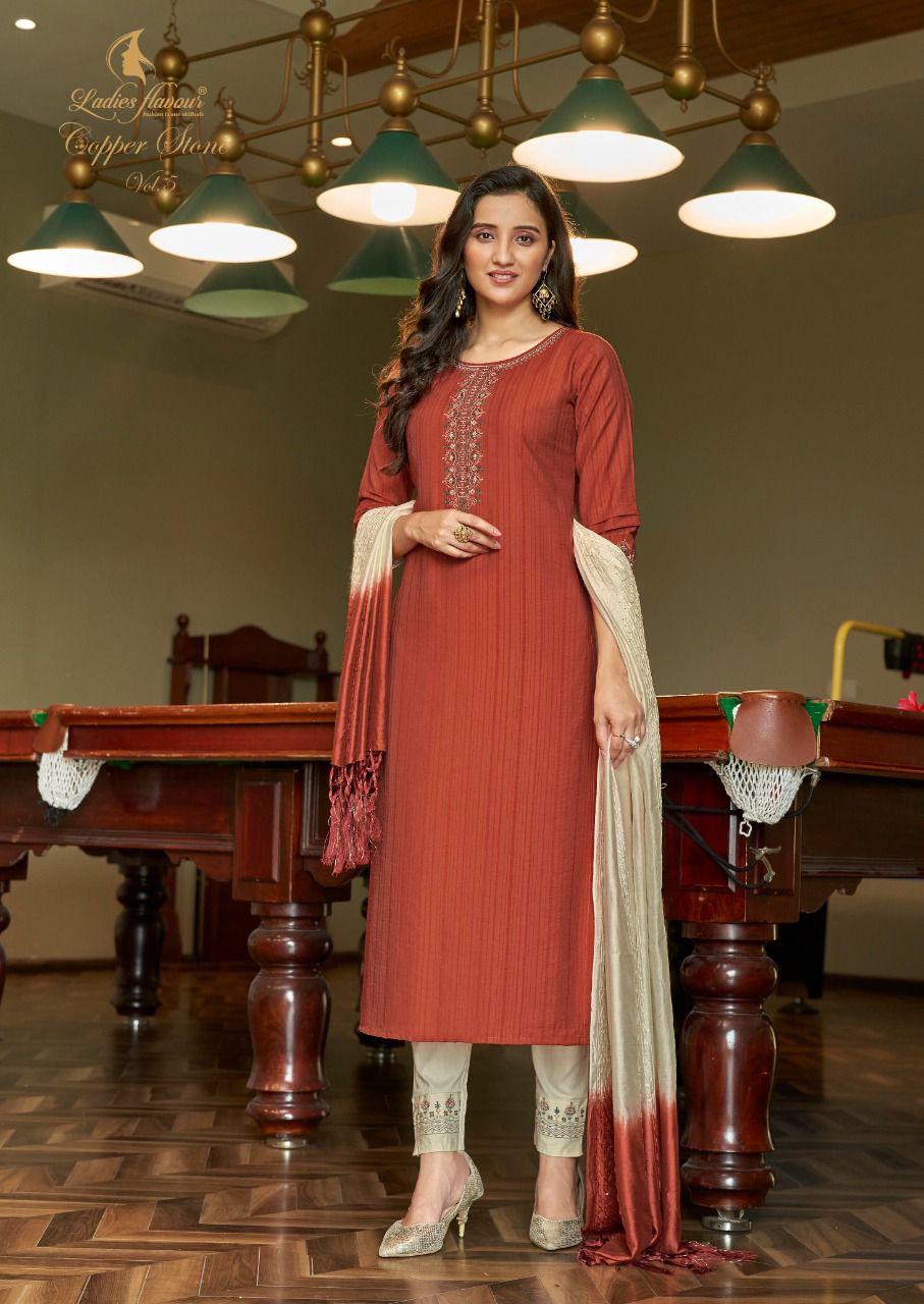 Ladies Flavour Copper Stone 5 Exclusive Designer Viscose With Embroidery With Khatli Work Readymade Collection
