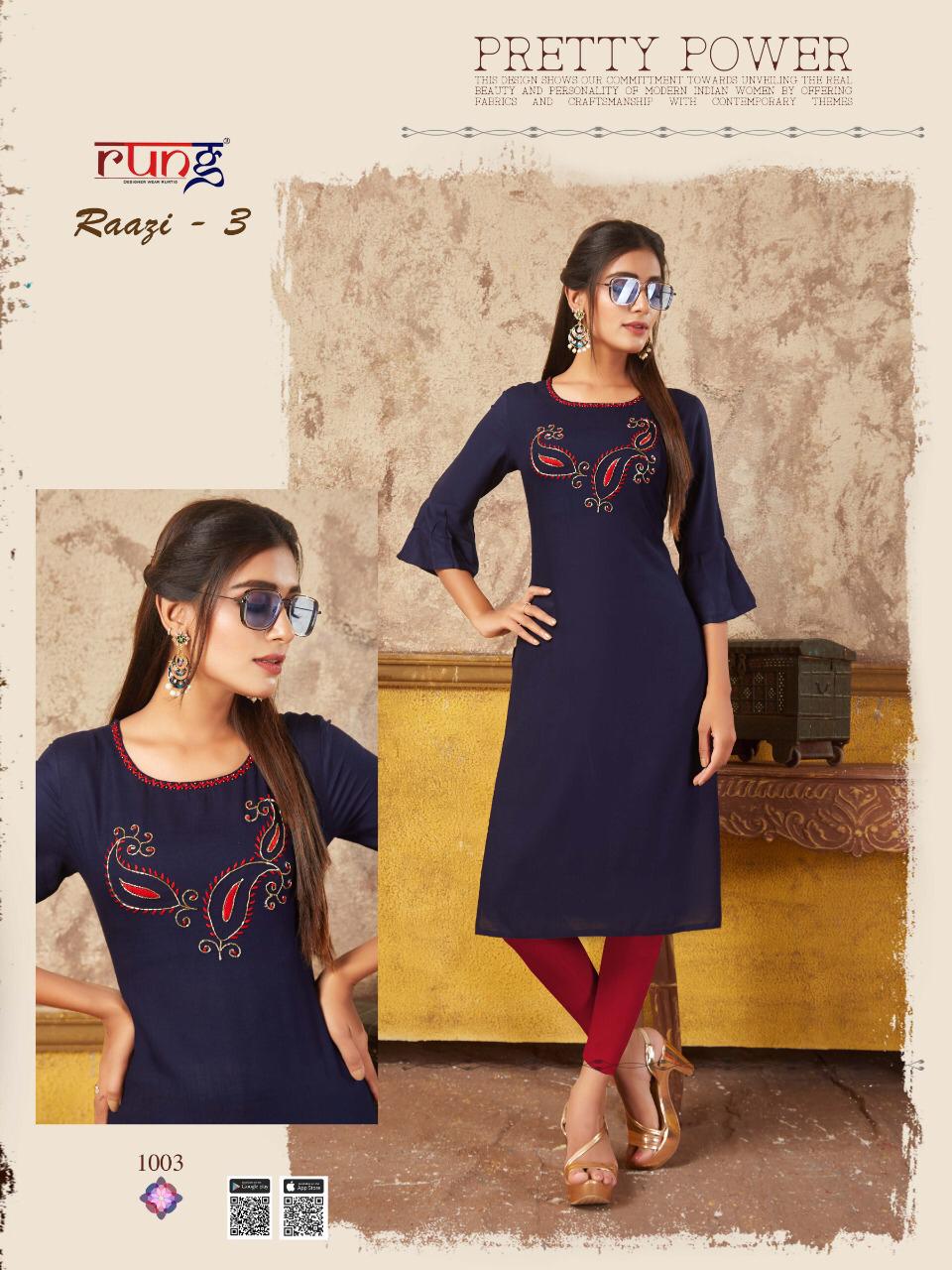 Rung Razzi 3 Latest Designer Party Wear Festive Wear Straight Line Embroidery Work Kurtis Collection  