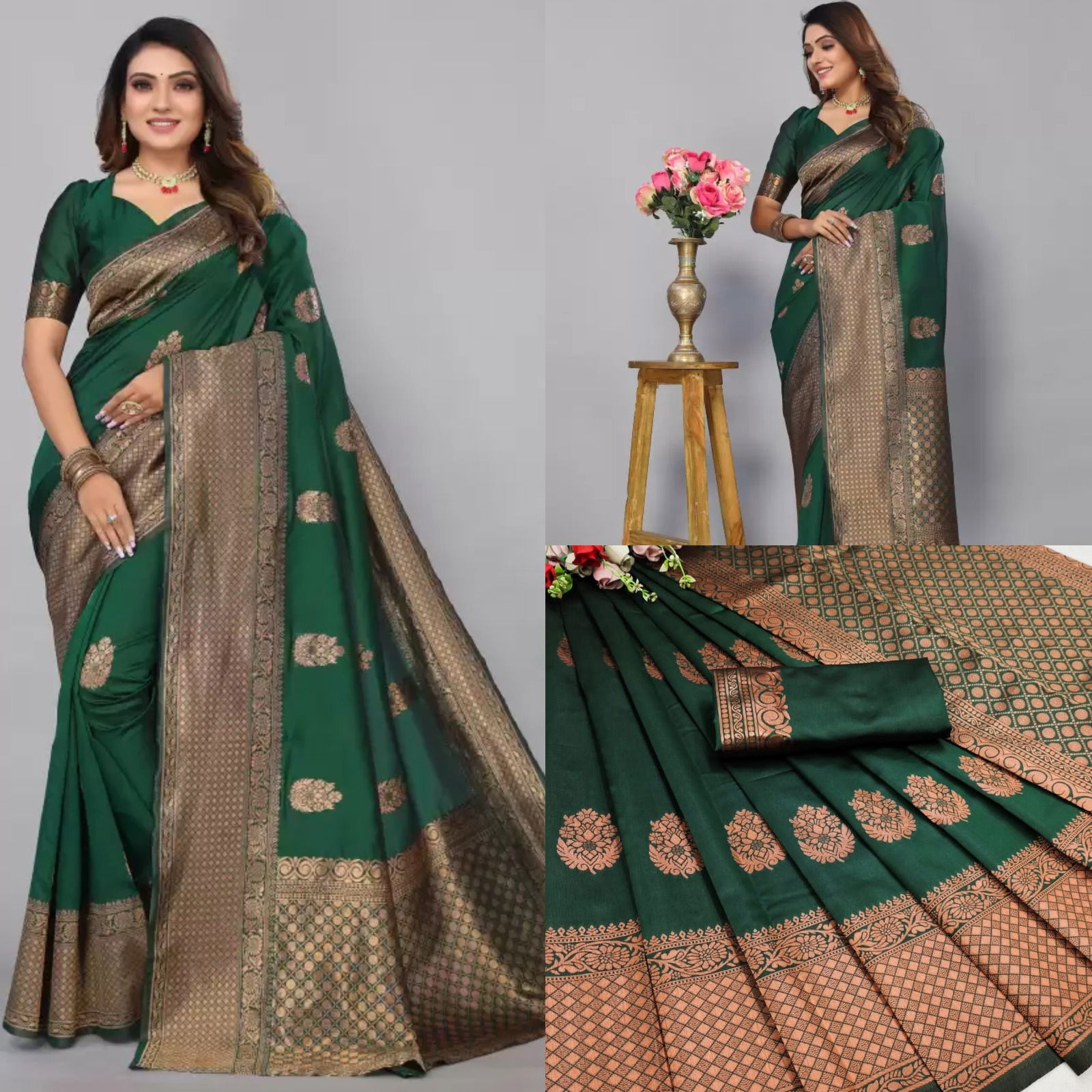 MF 66 Dark Green Soft Lichi Silk Wholesale Saree Suppliers In Mumbai