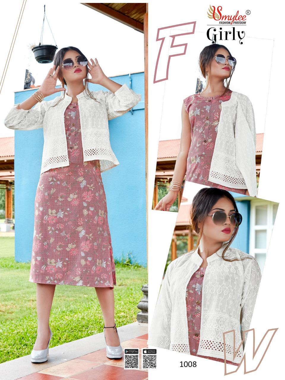 Smylee Girly Heavy Rayon Foil Printed Party Wear Kurti With Jacket Collection
