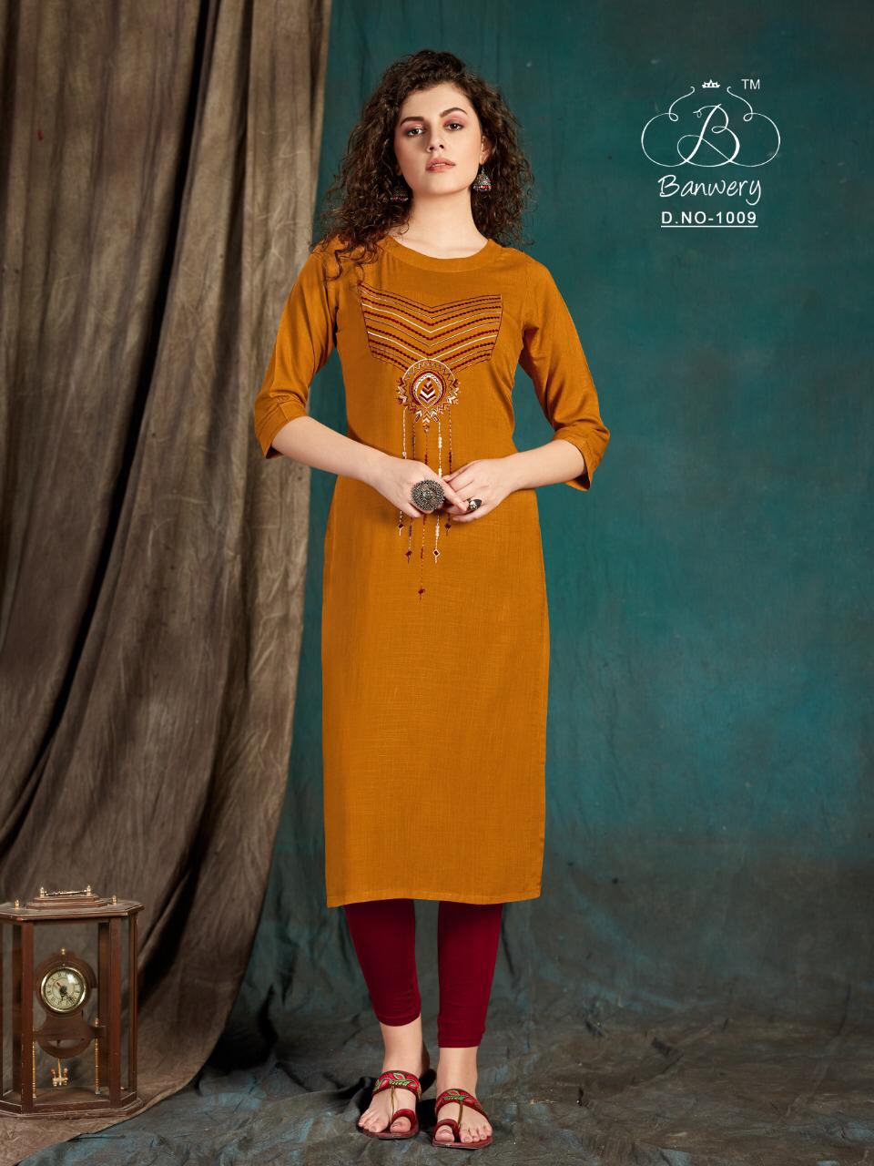 Banwery Taapsee Heavy Slub Rayon Airjet With  Embroidery Work Designer Kurtis Colections
