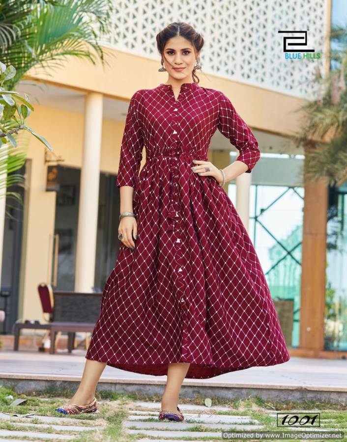 Blue Hills Belt 1 Designer Party Wear Rayon Long Anarkali Kurti Collection