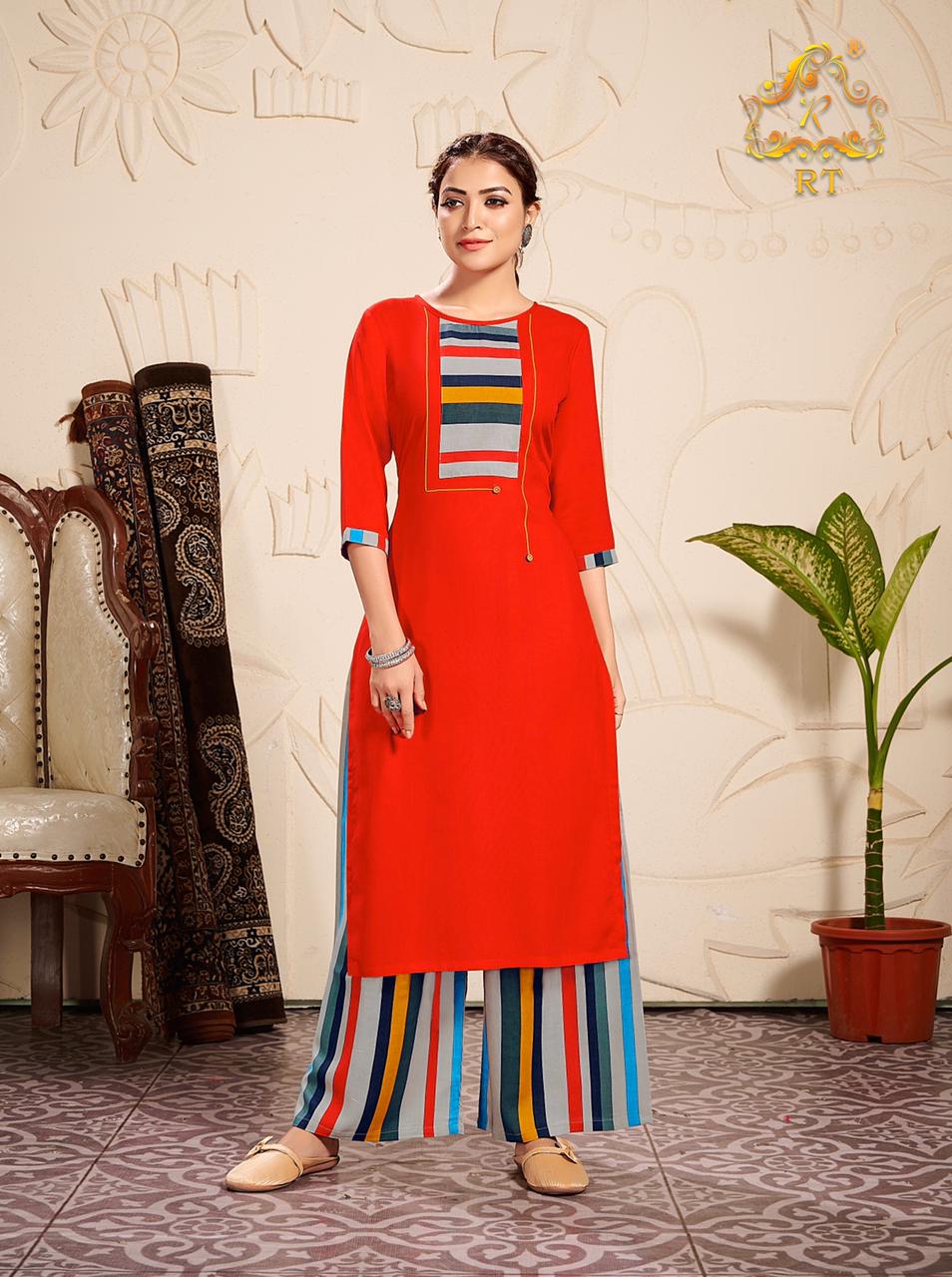 RT PALZZO QUEEN VOL-10 Latest fancy festive Wear Rayon Printed Heavy Kurti With plazzo Collection 