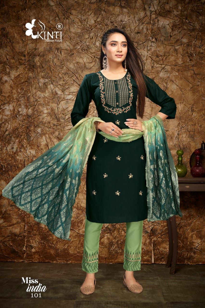 Kinti Miss India Festive Wear Rayon Top Pent And Dupatta Ready Made Collection
