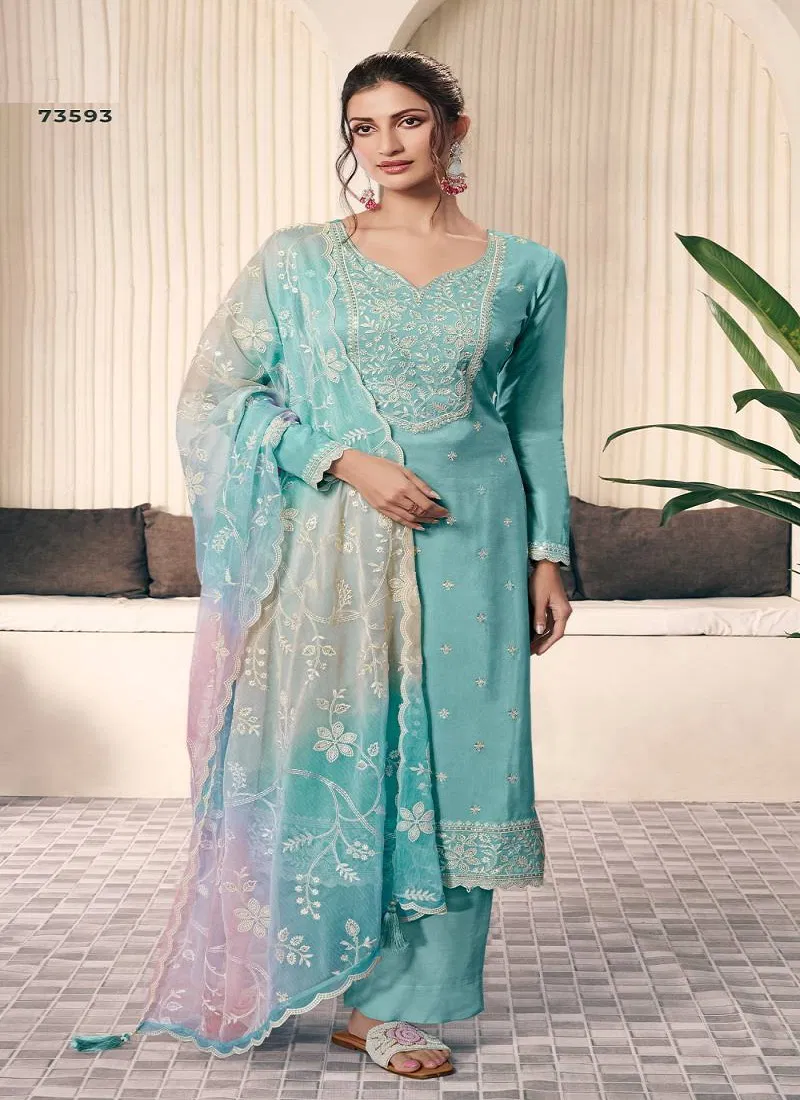 Ombre 73591 To 73594 Silk Embroidered Salwar Suits Wholesale In India