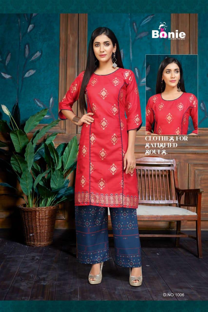 Bonie Plazo Lady Latest Fancy Regular Wear Rayon Printed Kurtis With Bottom Collection