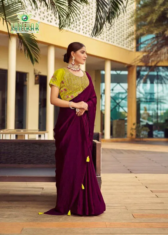 New Arrival By Sanskar Simar Chiffon With Contrast Embroidery Saree Wholesale In India
