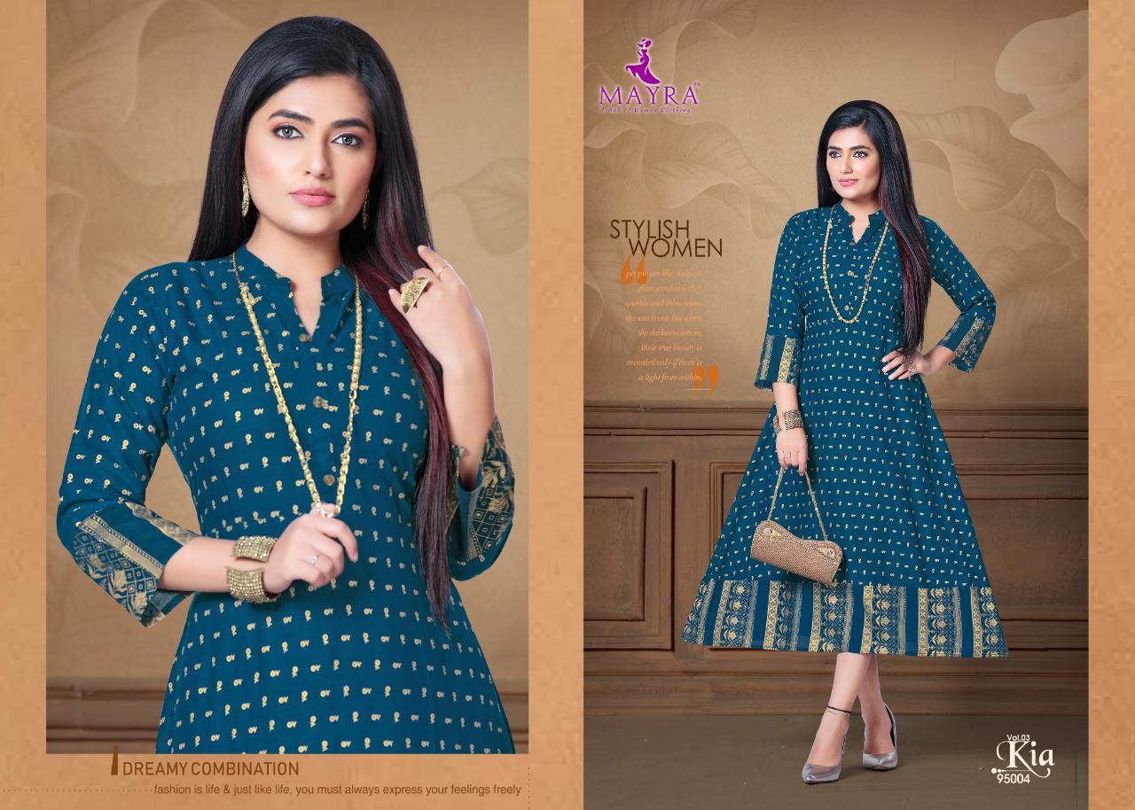 Mayra Kia 3 Latest Designer Party Wear Rayon Long Printed Kurti Collection 
